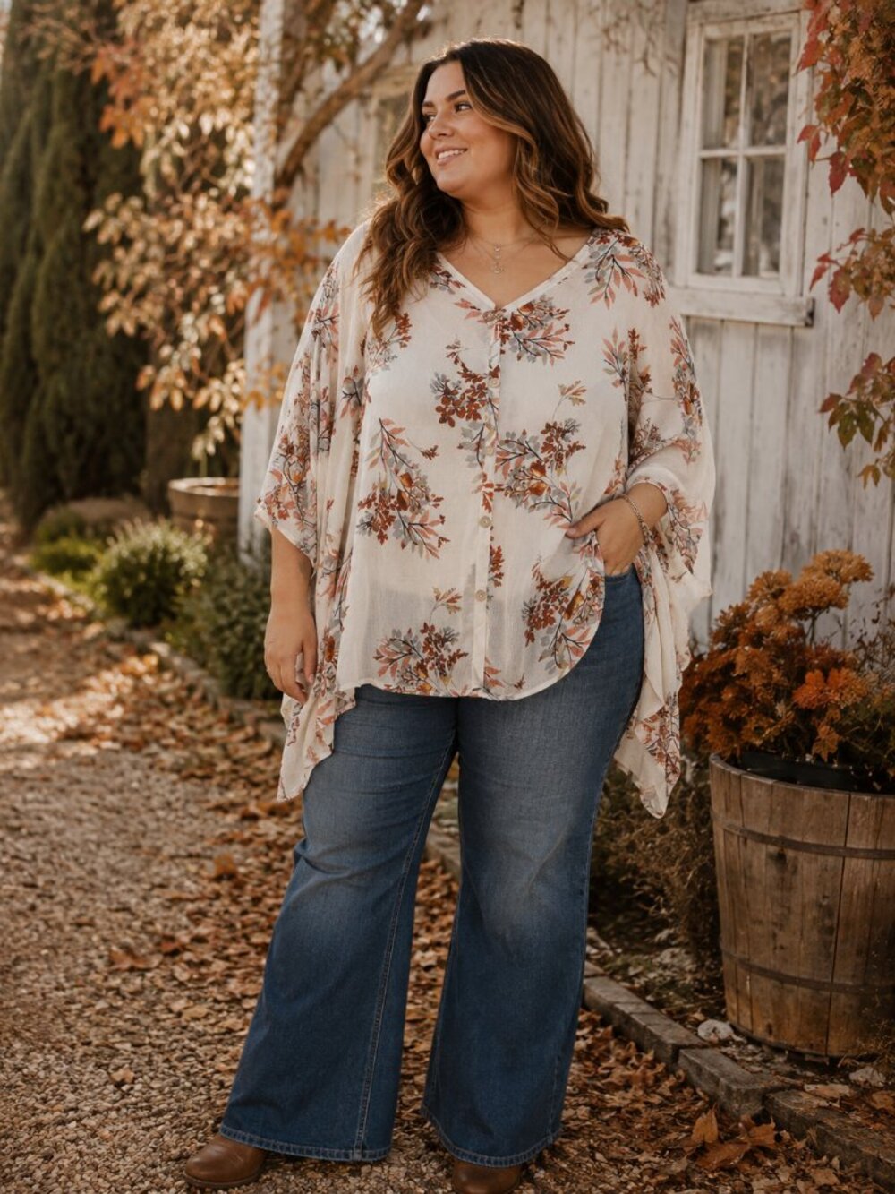 ODDI Floral Oversized Boho Button Front Blouse